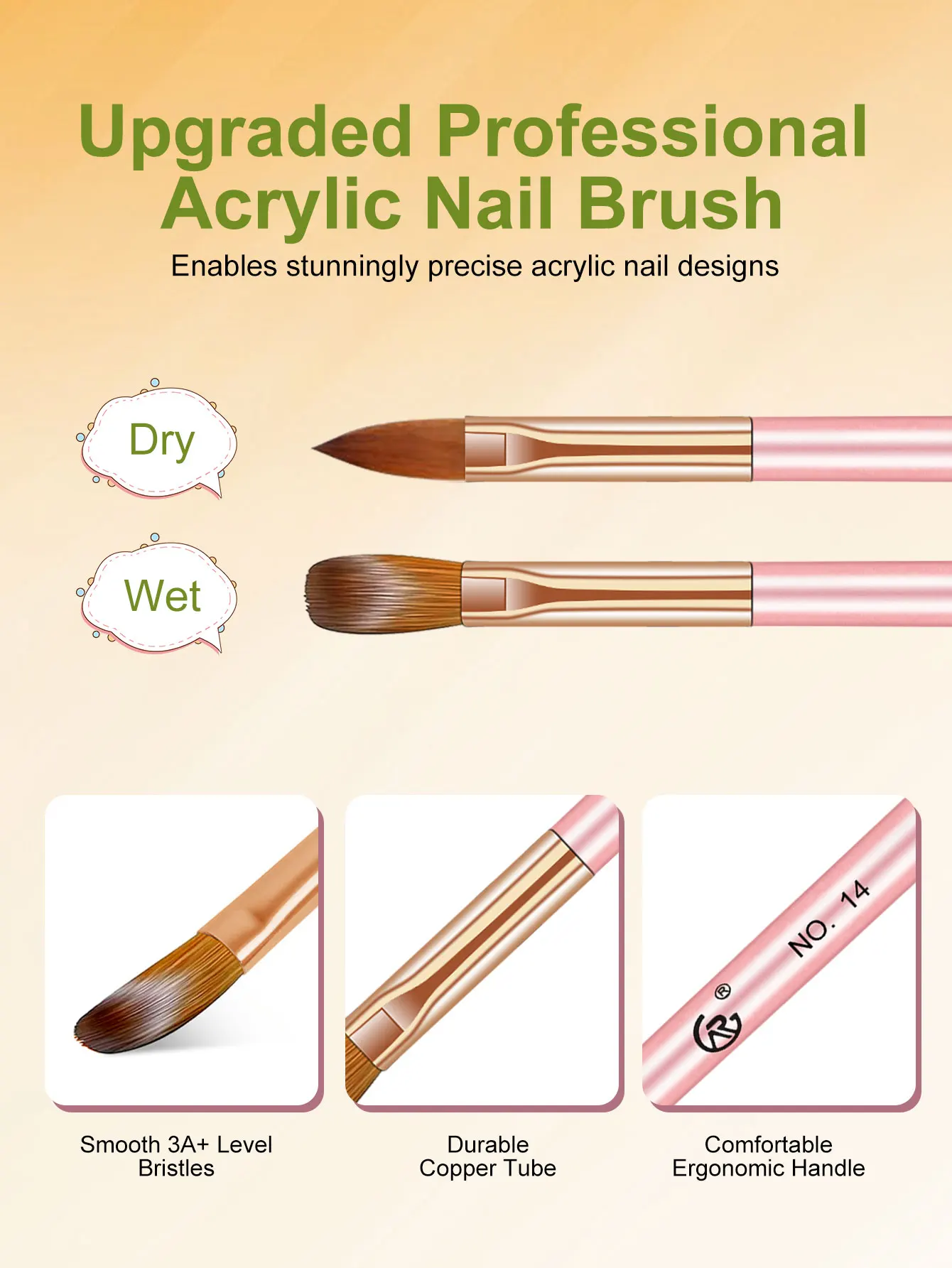 Escova acrílica para arte em unhas, tamanho 8/10/14, cabo rosa, pincel acrílico profissional, pó estendido, gravação de unhas, ferramenta de design diy