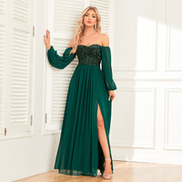 Women's Elegant Multi-Wear One-Shoulder High Slit Lace-Up Dress Fully Lined Sequined Chiffon Long Sleeve Dress Formal Elegant