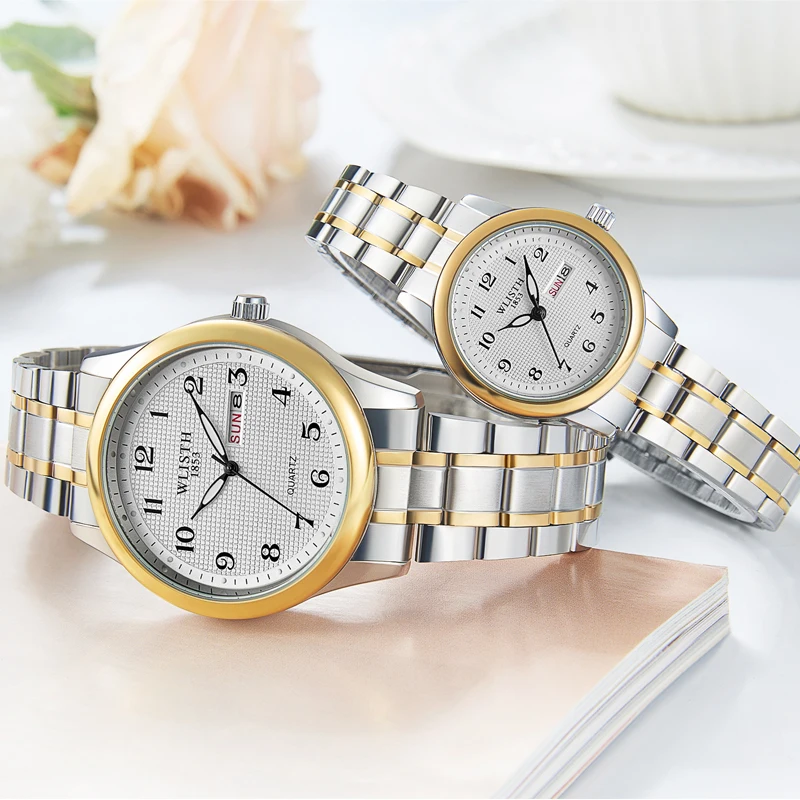Couple Watch Luxury Quartz Wristwatches For Women Man Bussiness Stainless Steel Watches Waterproof Week Date Wristwatch Clock