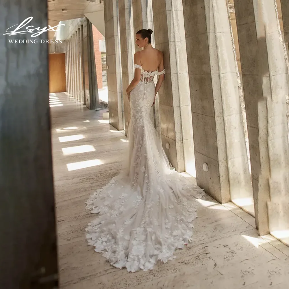 LSYX Aangepaste Zeemeermin Uit De Schouder Open Rug Strapless Vloerlengte Kant 3D Bloem Trouwjurk 2025, Vestidos De Novia