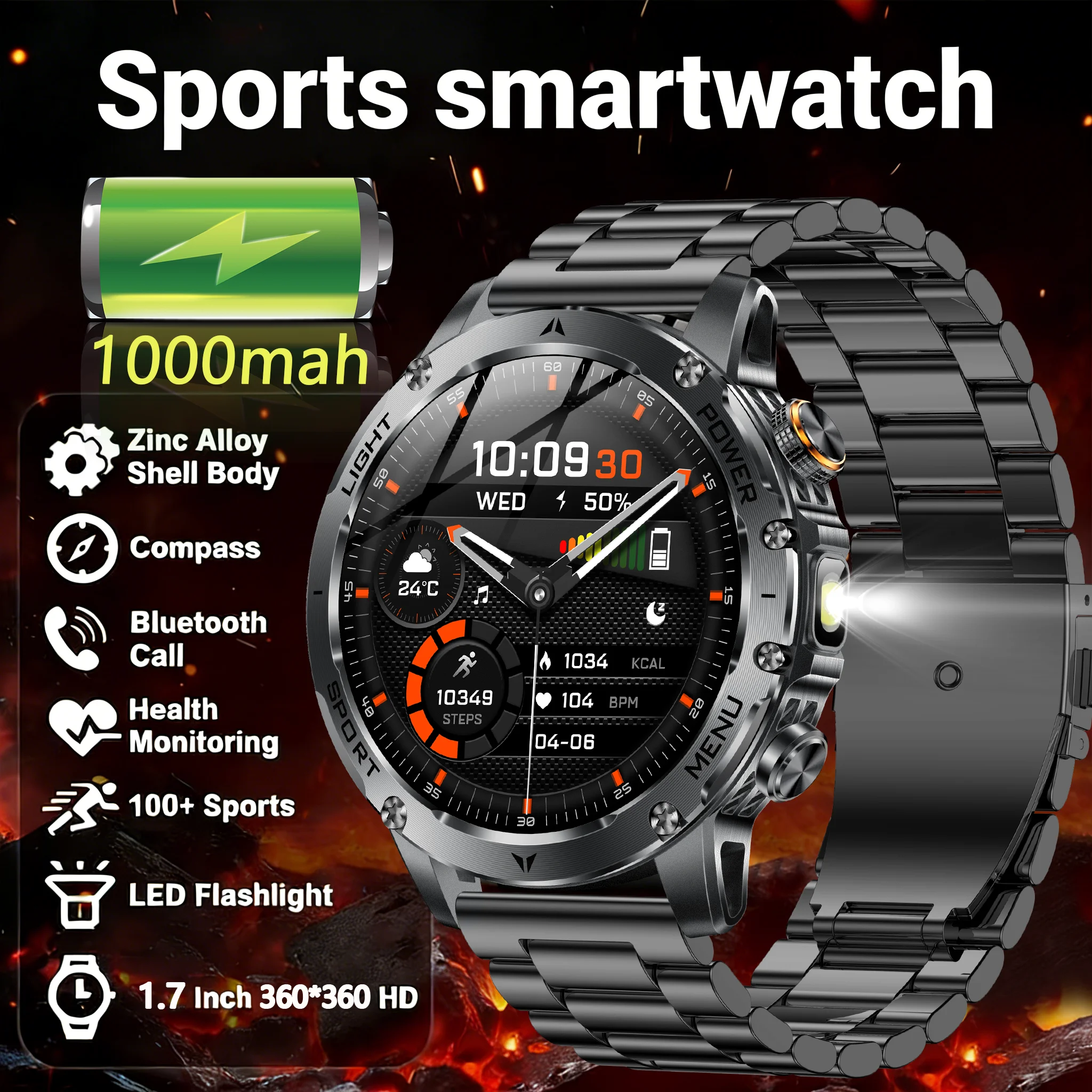 

2026 1000mAh Super Capacity Battery Adult Men Smart Watch Compass 1.7-inch Bluetooth Call IPX8 Waterproof Sports Smartwatch