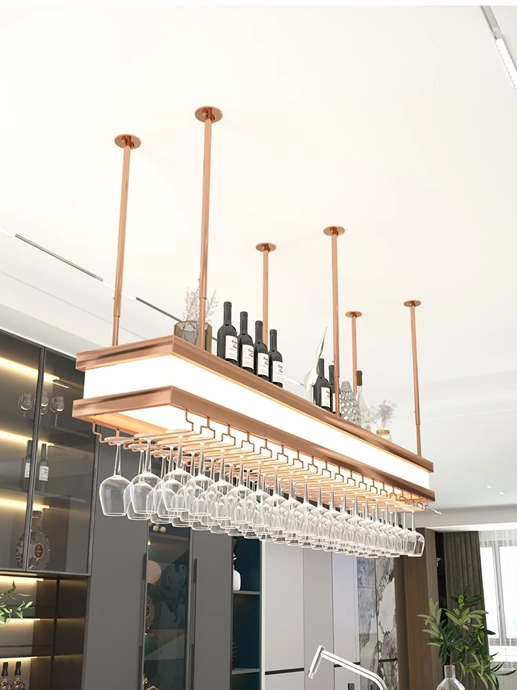 Luxury high-end bar wine glass rack hanging creative luminous red wine rack bar upside down restaurant stainless steel cabinet.