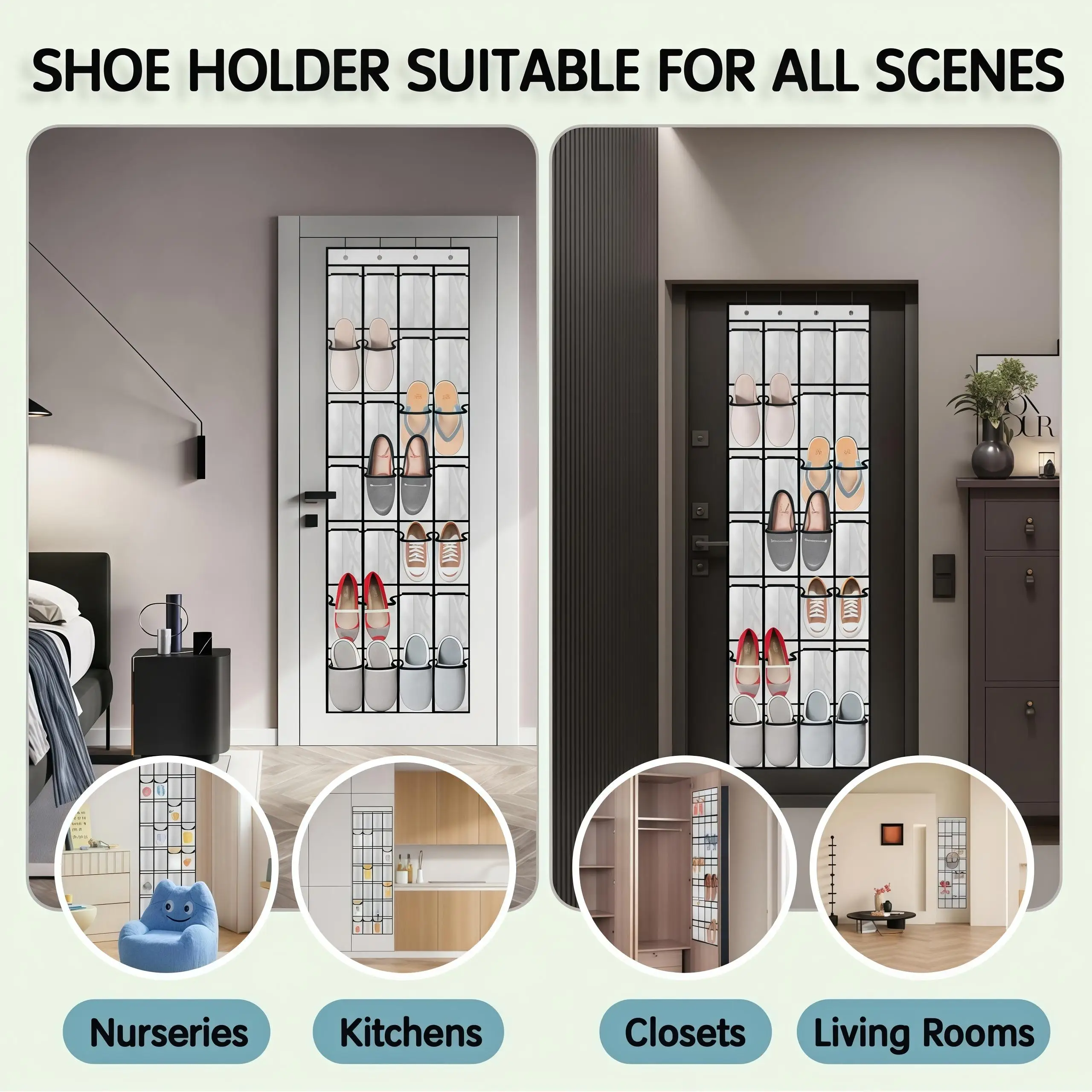 28 Pockets Over The Door Shoe Organizer Large Capacity Hanging Storage Bag Space Saving Closet Shoe Rack with 4 Metal Hooks Wardrobe Wall Hanger Pouch for Home Bedroom Organization White view 5