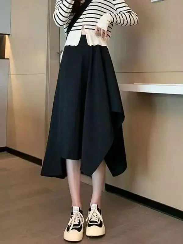 High Waist A-Line Midi Skirt Asymmetrical Hemline Women's Spring Summer Slimming Half-length Skirt Casual Pants Polyester Fiber