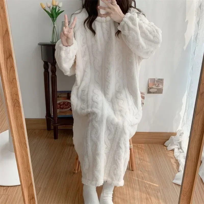 Style Ruffles 2023 Solid Dress One New Home Pajamas Korean Womens Wear Night Winter Fleece Sleeve Piece Sleepwear Long Nightgown