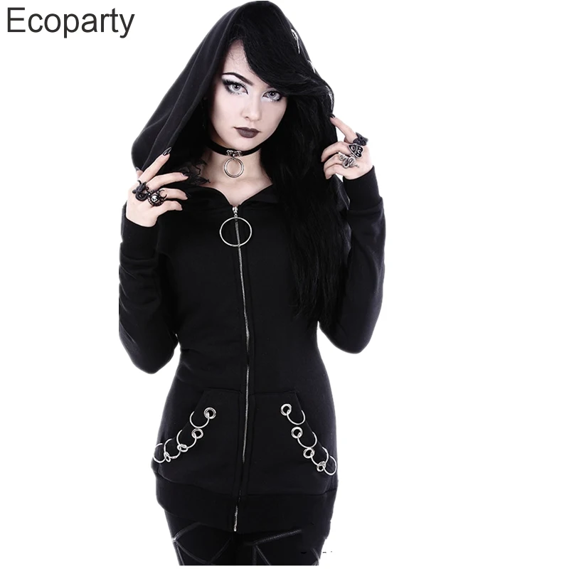 5xl Women\'s Gothic Punk Hoodies Spring Autumn Black Iron Ring Zipper Long Sleeve Jacket Casual Sweatshirts Jacket For Women