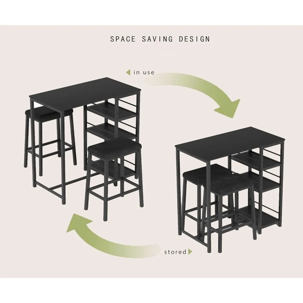 Ensemble de pub moderne 3 pièces à hauteur de comptoir avec 2 étagères de rangement et 2 tabourets de bar rembourrés en cuir PU, ensemble de table à manger pour 2 (B