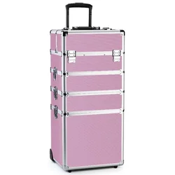 Makeup Train Case 4 in 1 Professional Cosmetics Rolling Organizer Aluminum Frame and Folding Trays Pink