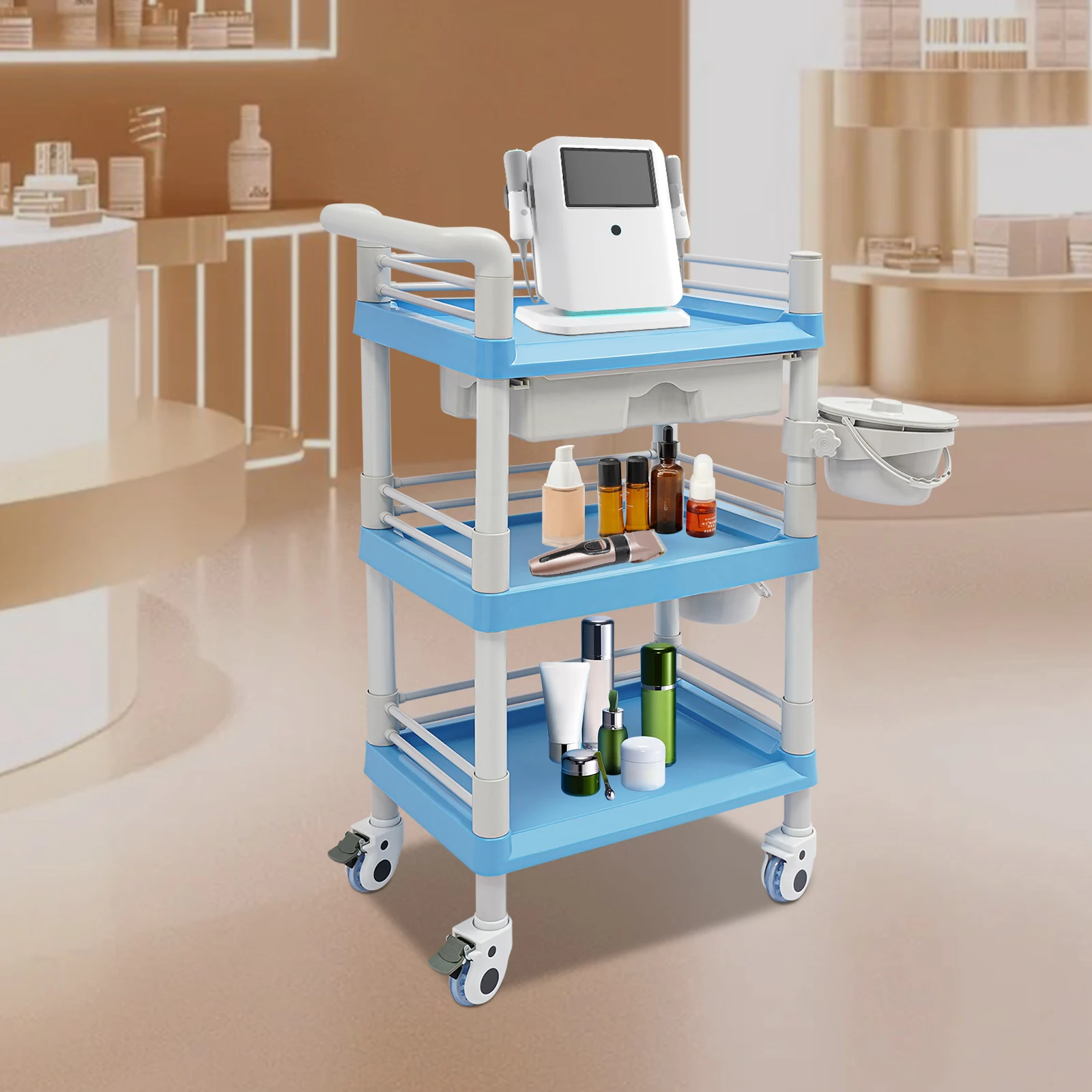 

Mobile Salon Storage Cart, 3-Tier Rolling Beauty Trolley with Drawer & 2 Baskets, 176 lbs Mobile Organizer for Salon Spa