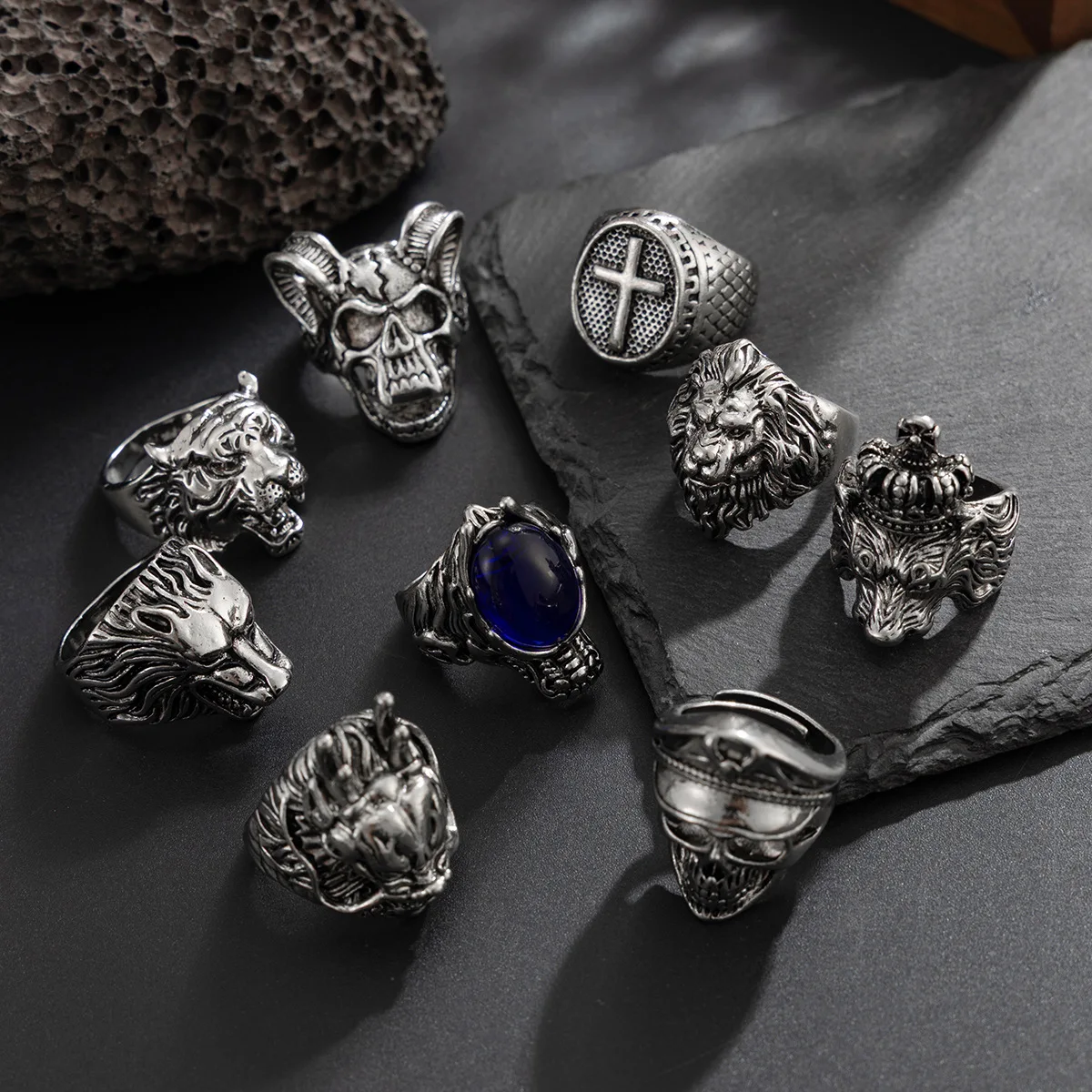 Dark Heavy Metal Skull Head Ring Male Trendy Personalized Hip Hop Diamond Set Cross border Men's Handmade06958-T
