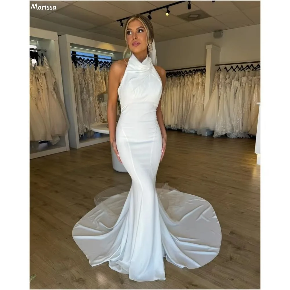 

Marissa Custom Made Evening Dresses Woman Elegant Dresses for Special Event White Fish Tail Sleeveless Collar Long Floor Mopping