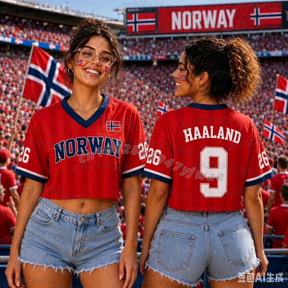 2026 Women NORWAY Soccer Fans Crop Top Jersey HAALAND No.9 Women Cheerleaders Football Jersey, V-NECK Short Sleeve Women T-Shirt