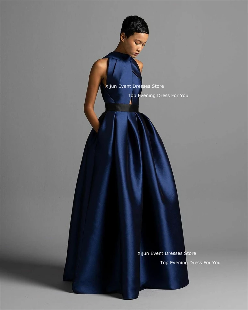 Xijun Navy Blue Long Satin Evening Dresses Sleeveless Simple A-Line Formal Occasion Prom Dresses Floor Length Prom Gowns 2024