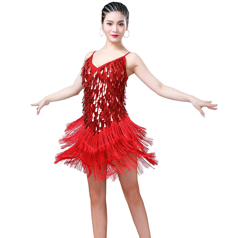 Strap Sequin Dress Tassel Dress Latin Dance Dress Stage Performance Costume Latin Dance Performance Costume Competition Group