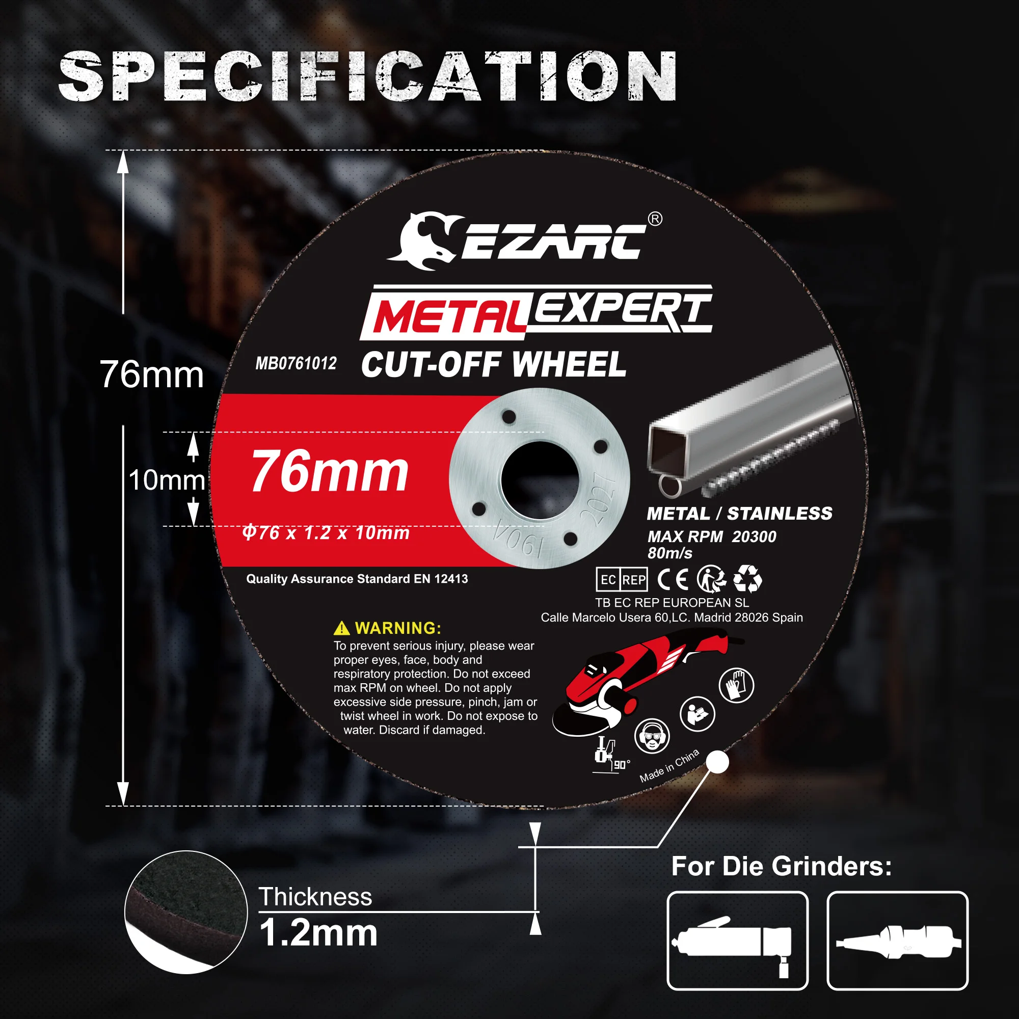EZARC 24PC 76mm Cutting Discs for Metal, Stainless Steel, Cast Iron, Inner Diameter 10mm Extra Thin 1.2mm 20300RPM Cut-off Wheel