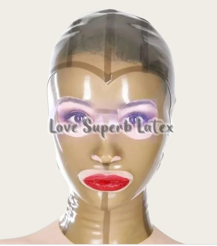 Unisex Transparent Black Latex Mask with Open Eyes Mouth Big Nose Hole Back Zipper for Halloween Cosplay Headgear