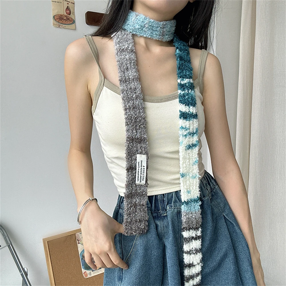 Female Winter Korean Version Knitted Scarves Stripes Spell Color Fine Narrow Long Scarf New Niche Design Women\'s Cashmere Scarf