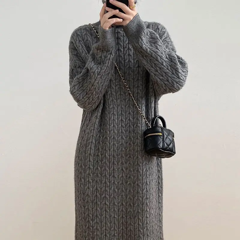 Dresses Women Knitted Long Dress Pullover Turtleneck Autumn Winter Thick Knitting Sweater Maxi Gown Vintage Casual Vestidos