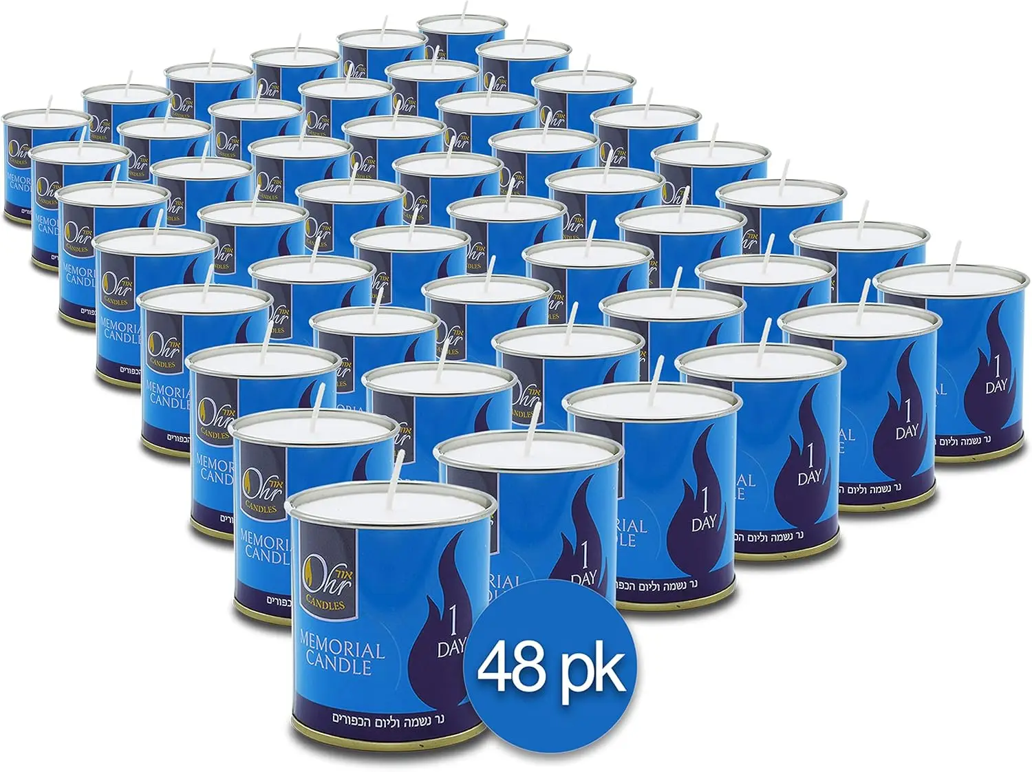 48-Pack Kosher Memorial Candles in Tin Holder, 24-Hour Burn for Yahrzeit and Yom Kippur