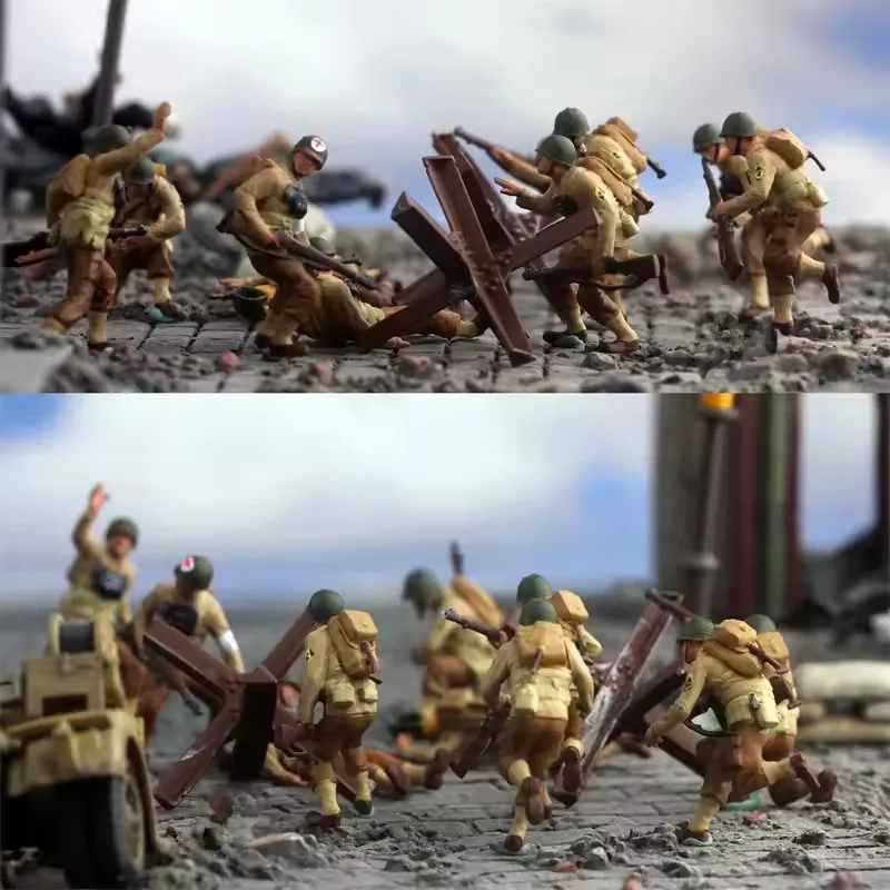 Modell im Maßstab 1:72 Die Normandie Landungen der Vereinigten Staaten 10 Stück Soldaten mit 2 Hindernissen Actionfigur DIY Szenenzubehör