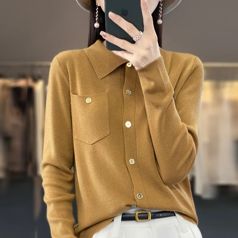 Women\'s Cardigan With Pocket Spring And Summer New Lapel Shirt Fine Imitation Wool Sweater High Street Coat Top Long Sleeves