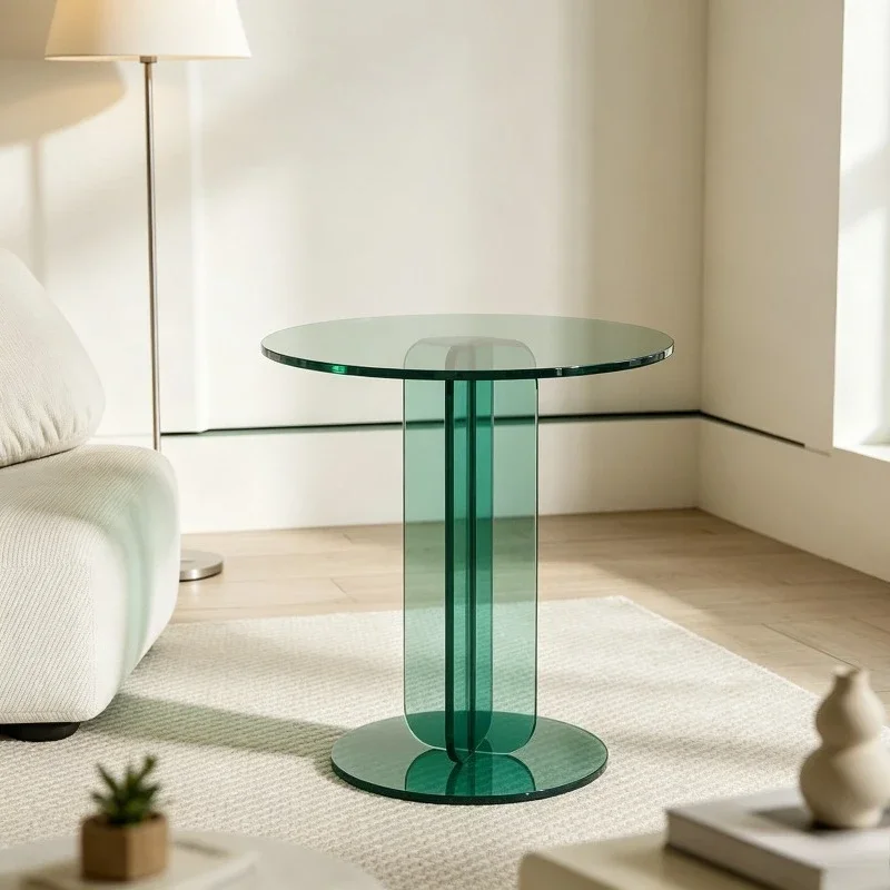 Tempered Glass Round Side Table Three Vertical Panel Stand See Through Clear Sofa Side Table Light Luxury Balcony End Table