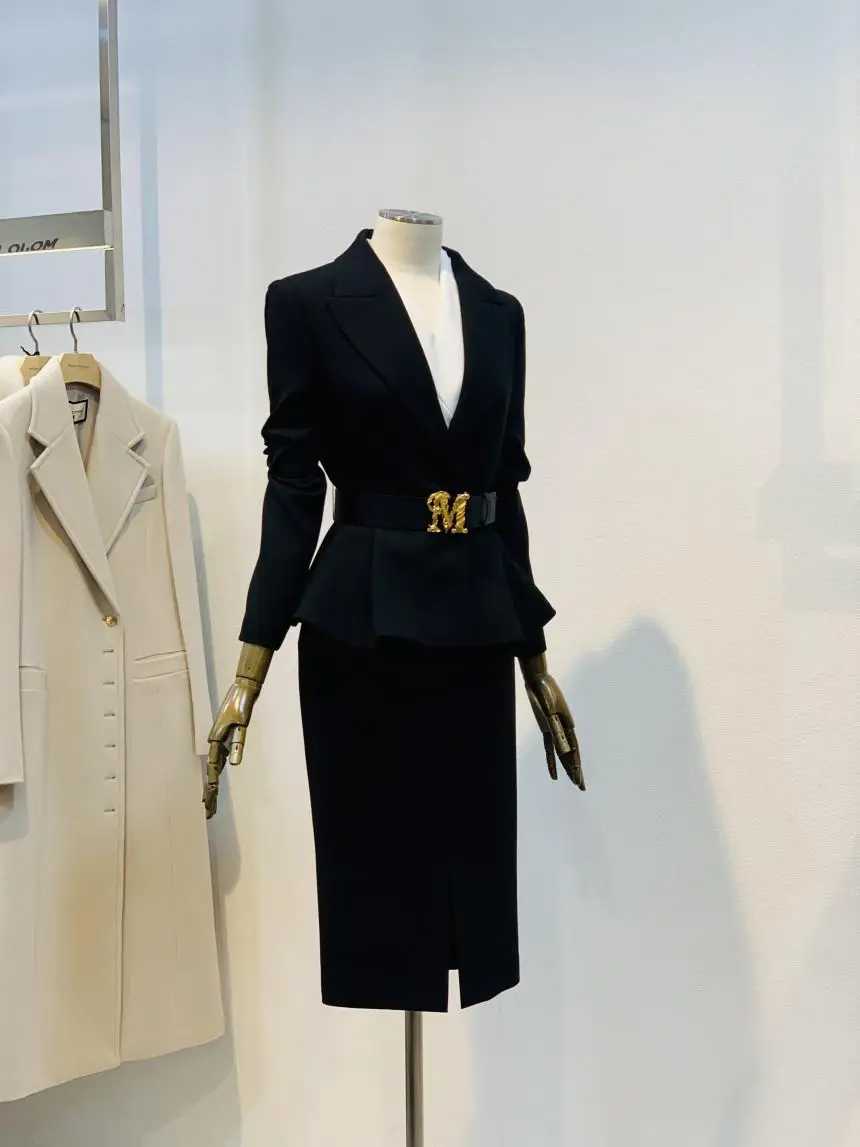 

Ele, осень 2023, женский модный костюм, плиссированная юбка с застежкой на талии и пальто, длинная молния с разрезом, полиэстер