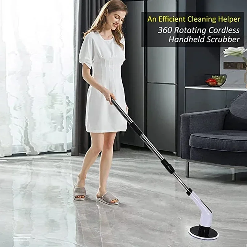 Electric Cleaning Brush, Electric Rotary Floor Scrubber with 7 Replacement Brush Heads Adjustable Handle Bathroom Clean Tool