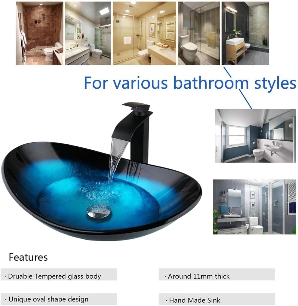 Blue Tempered Glass Vessel Sink for Bathroom Oval Countertop Basin with Chrome Mixer Tap Waste, Glass Wash Basin for Vanity