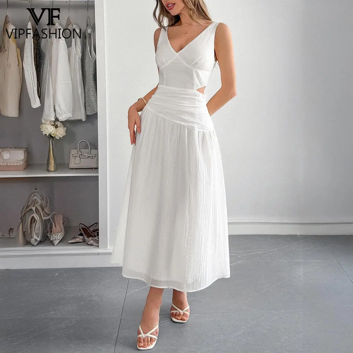 VIP FASHION – robe Maxi rouge pour femmes, col en V, sans manches, taille découpée, froncée, fête de vacances d'été, robes blanches élégantes