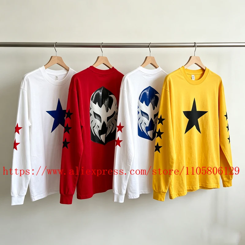 Chest Pentagram Print Vultures Long Sleeve T-shirt Men Woman  High Quality Black White Red Yellow Back Face Mask Print T Shirt