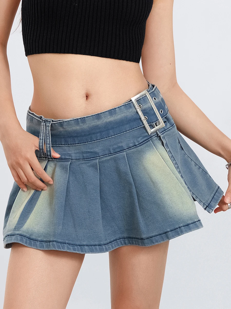 Women s Summer Casual  Pleated Ruffle Denim Skirts Blue Low Waist Skirt Y2k Streetwear Skirt with Belt Girls Denim Skirt