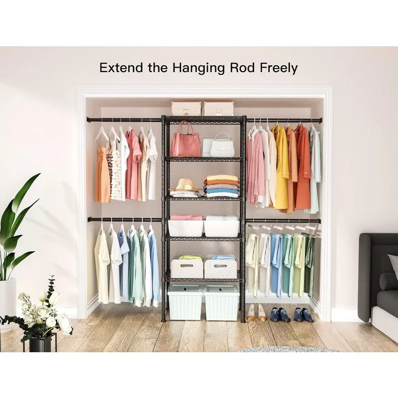 Closet Organizer System, 5.9 Feet Height Mounted to the Wall Garment Rack with 4 Expandable Hanger Rods