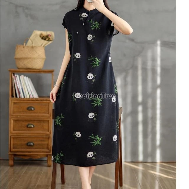 2024 chic improved bilateral pockets cotton linen qipao new exquisite panda bamboo dress classical fashionable temperament qipao