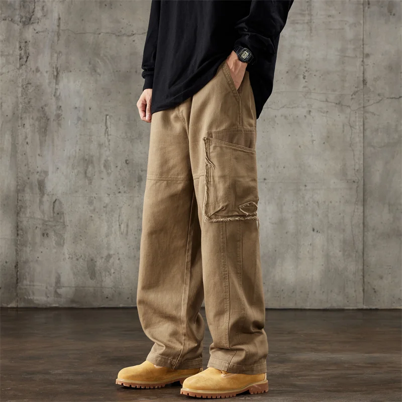 Men's Relaxed Fit Stretch Cargo Pant Multi-pocket High Street Distressed Straight Tube Loose Wide-leg Workwear Trousers