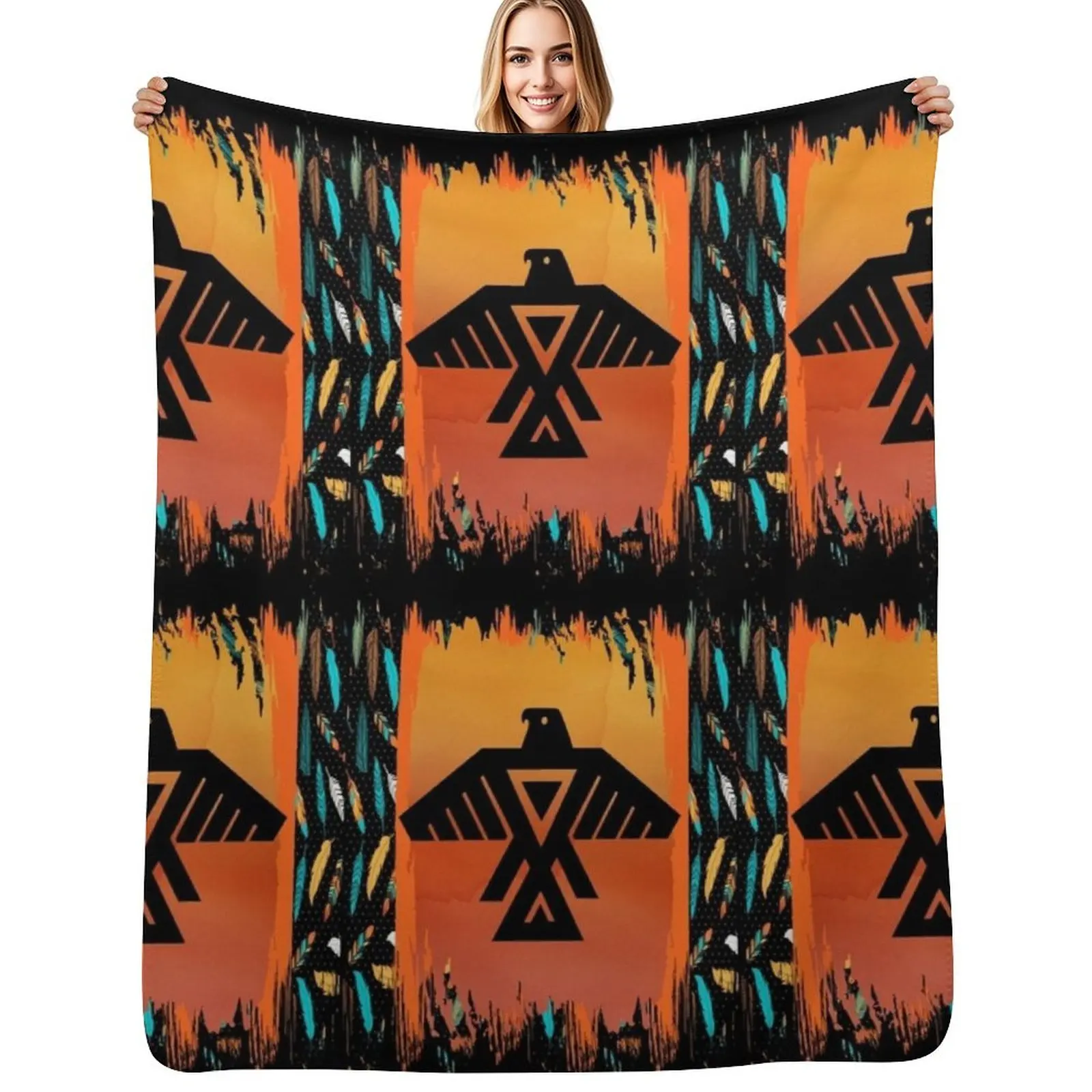 

Eagle-Native American With Tribal Pattern Border Throw Blanket Camping Summer Stuffeds Blanket