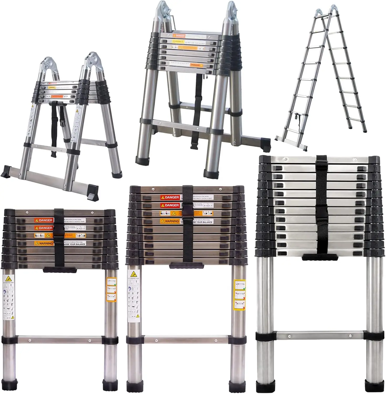 Steel A-Frame Telescoping Ladder 12.5FT, Extension Ladder Portable Folding Compact Multi-Purpose Adjustable Ladder