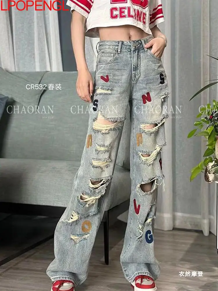 

2025 Women's Spring And Summer Frayed Fashion Punk Style Jeans Personality Embroidered Letters Streetwear Wide Leg Pants Tide