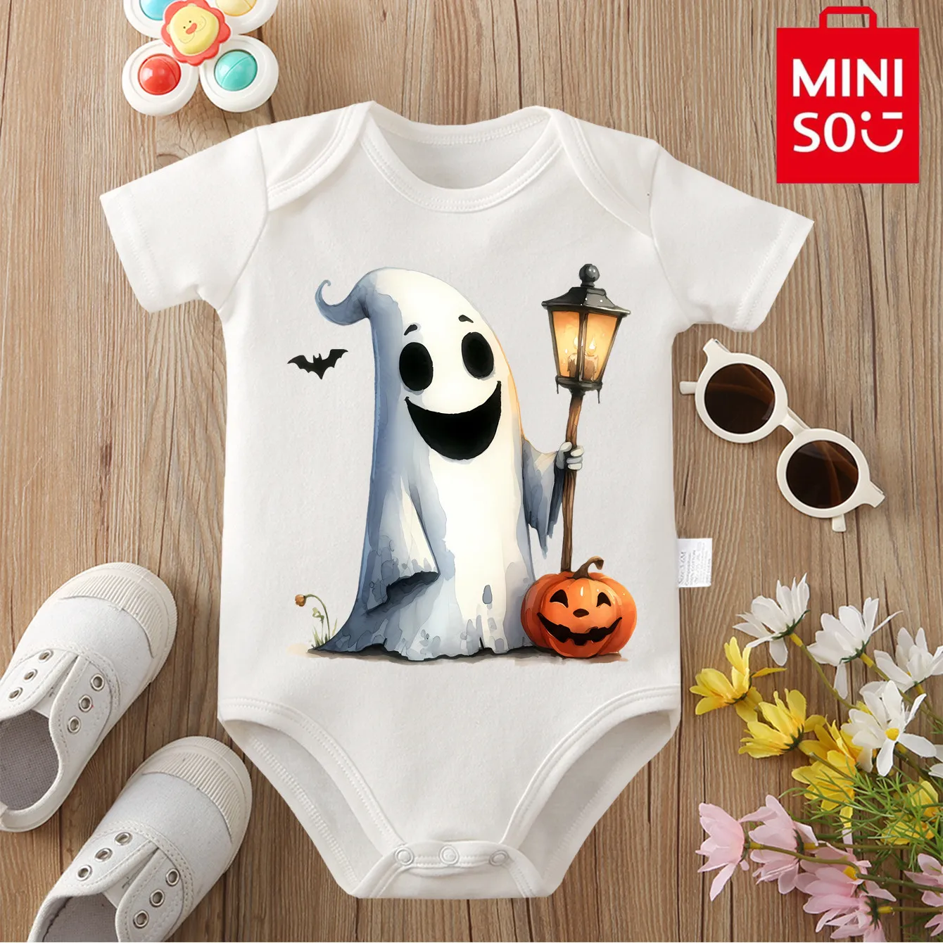 

MINISO Мой первый Хэллоуин, ткань из чистого хлопка, боди с принтом летучей мыши и призраков для ребенка, комбинезон для новорожденных от 0 до 12 месяцев