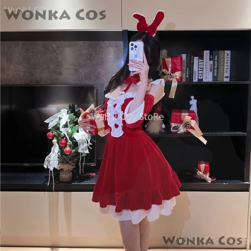 여성용 크리스마스 코스프레 코스튬 세트, 산타 벨벳 토끼 소녀 란제리, 크리스마스 할로윈 파티 코스프레 원피스, 멋진 세트, 2024