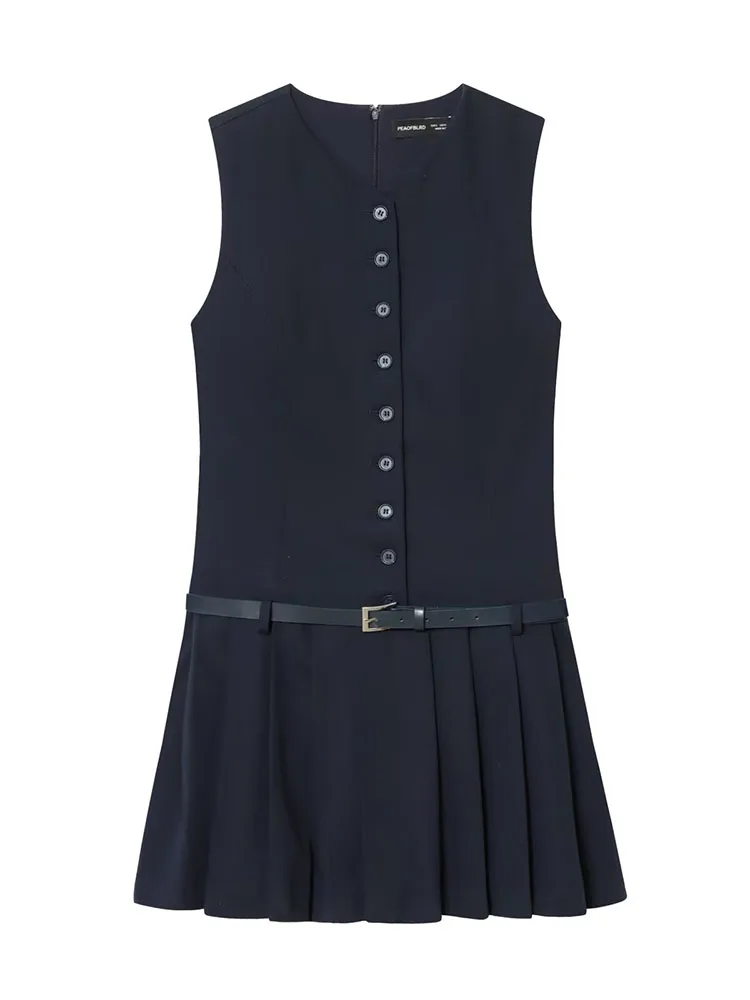 

HH Women Summer New Fashion V-neck Belt Buckle Low Waist Pleated Suit Dress Female Elegant Sexy Single-breasted Slim Dress Mujer