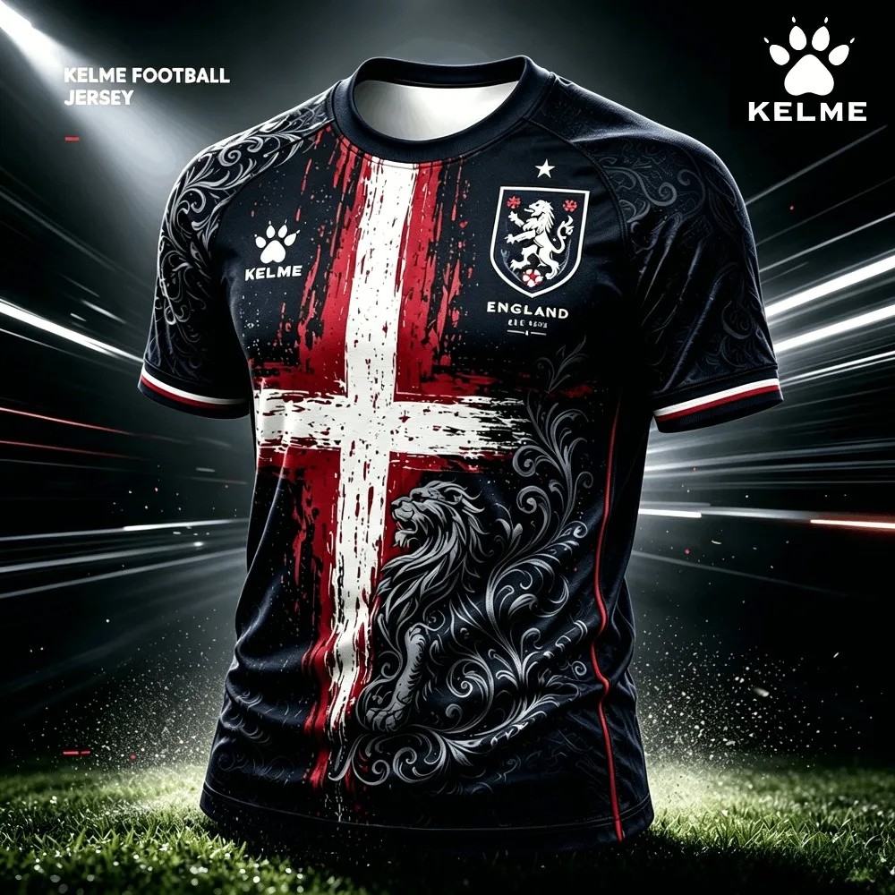 KELME England Summer Men's Football Jersey Vintage Lion Cross 3D Print Breathable T-shirt Casual Fashion Sports T-Shirt Fan Gift