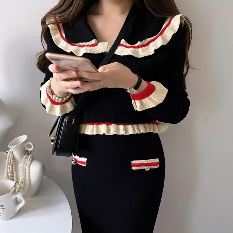 Neploe 2024 Autumn Sweet Two Piece Sets Age Reducing Peter Pan Collar Long Sleeve Sweater High Waist Slim Wrap Hip Half Skirt