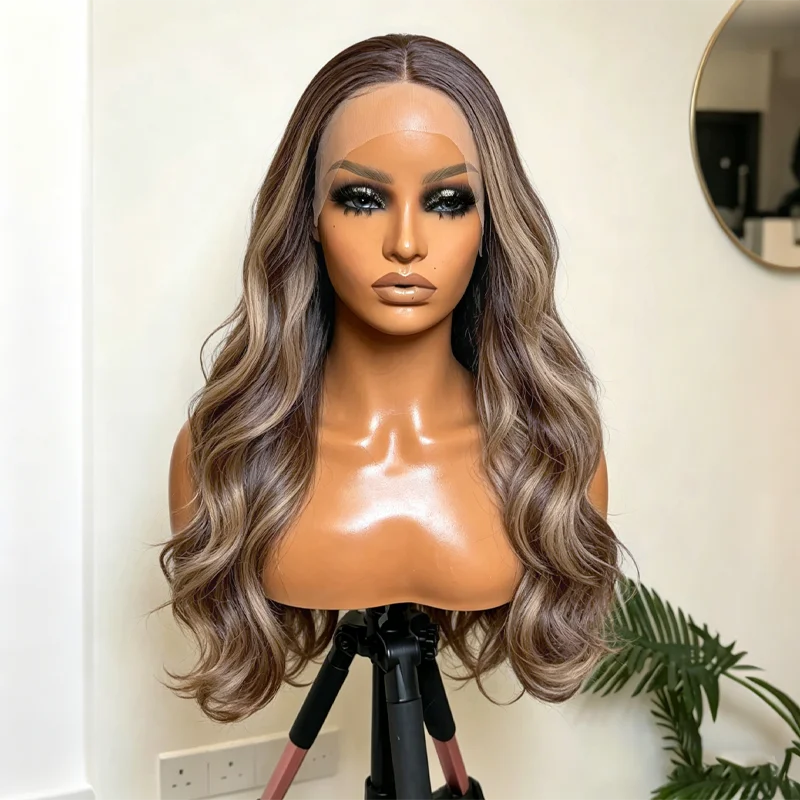 Premium Mixed Fiber Long Wig 13x4 HD Lace Frontal Ash Brown & Blonde Highlights Glueless PrePlucked for Women