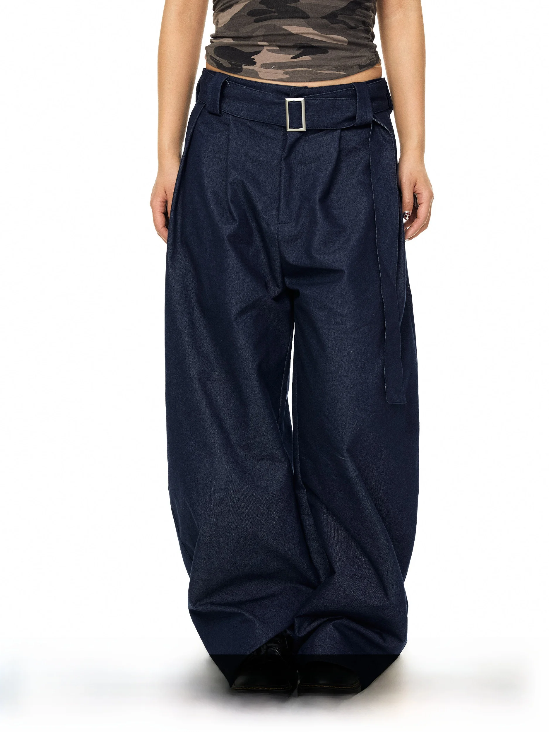 

Blabb Casual Wide Leg Pants Autumn Spring American High Street Drapey Slimming Floor Length Trousers Decorative Pleated Belt