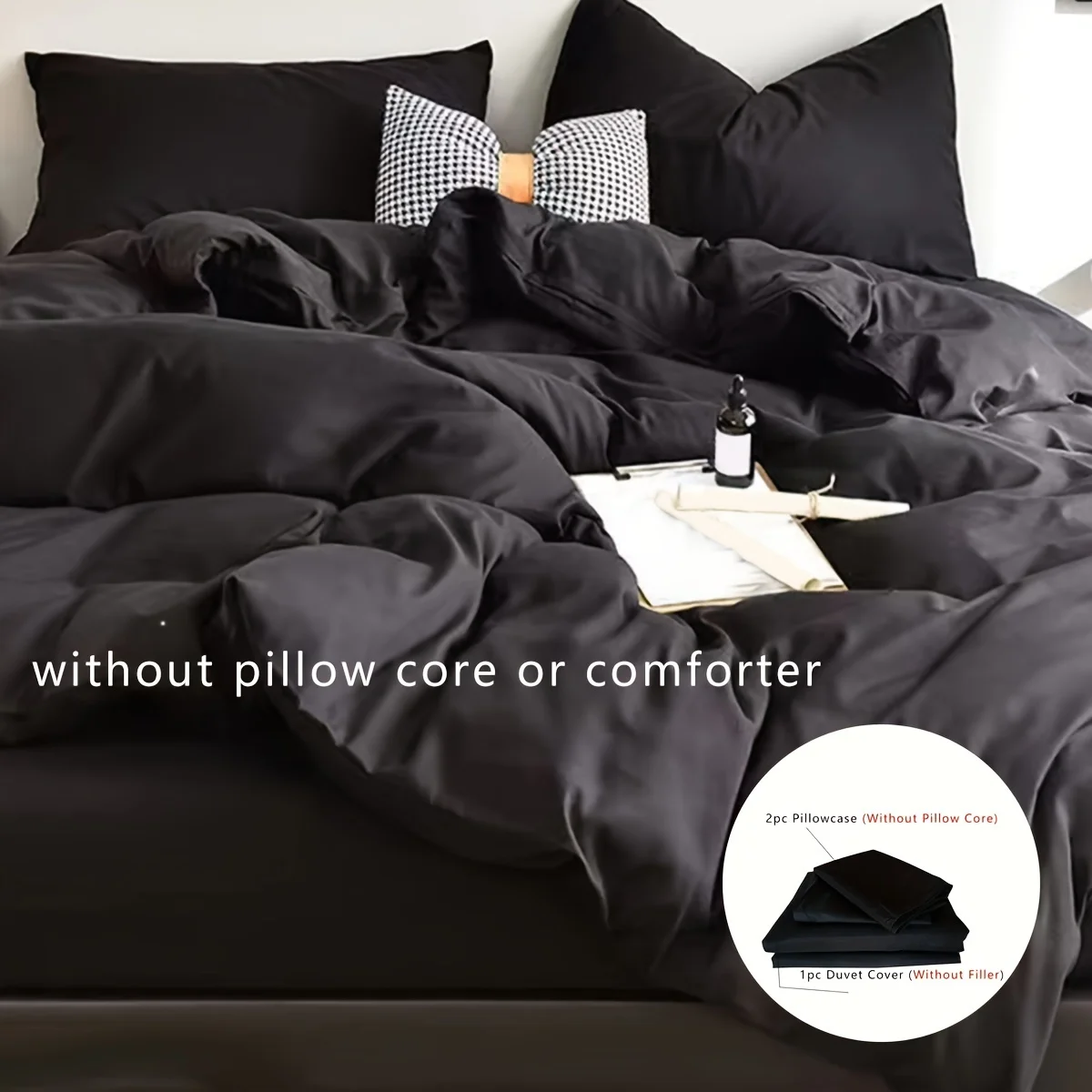 

A 3-piece black duvet cover set (including 2 pillowcases and 1 duvet cover) is machine washable