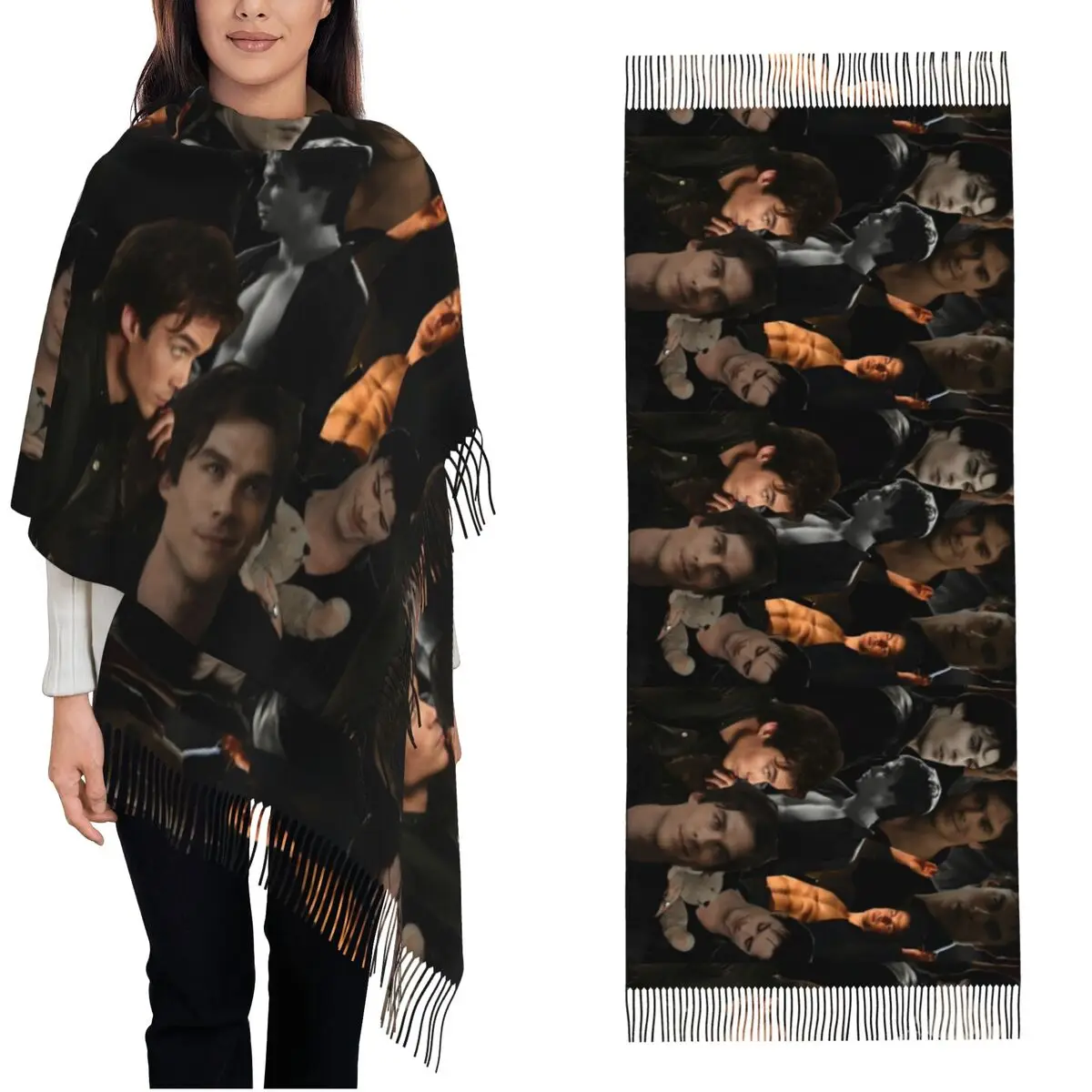 Womens Scarf with Tassel The Vampire Diaries Damon Salvatore Large Winter Warm Shawl Wrap TV Series Daily Wear Pashmina Scarves