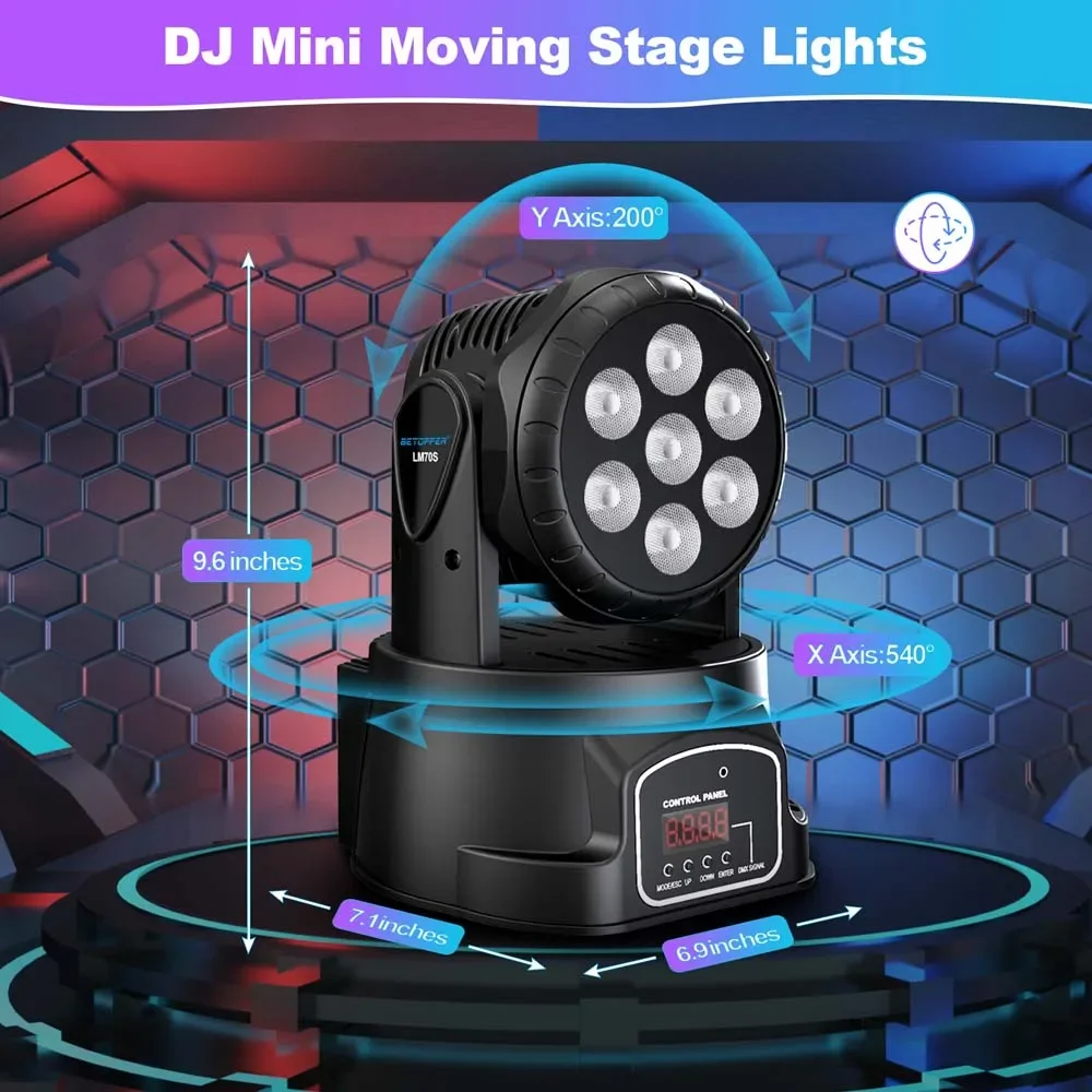 Imagem -02 - Betopper-super Bright Rgb Mini Moving Head Lights 7x8w Dmx Controle Remoto dj Lights Iluminação de Palco para Disco Arties Clube