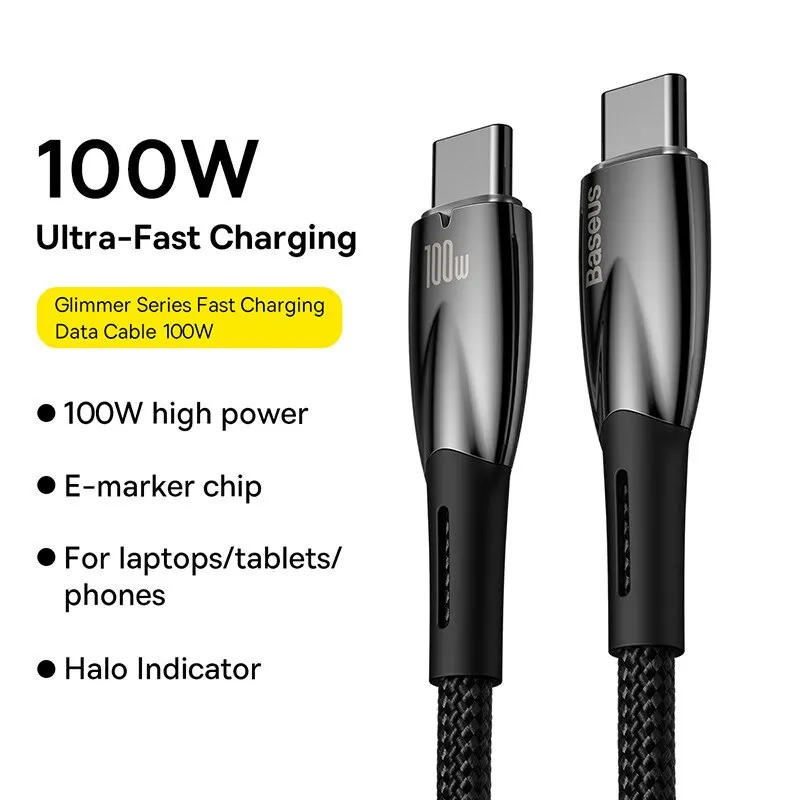 Baseus LED Type C Cable For iPhone 15 100W PD Fast Charging USB C to USB C Display Cable For Xiaomi POCO F3 Realme Macbook iPad