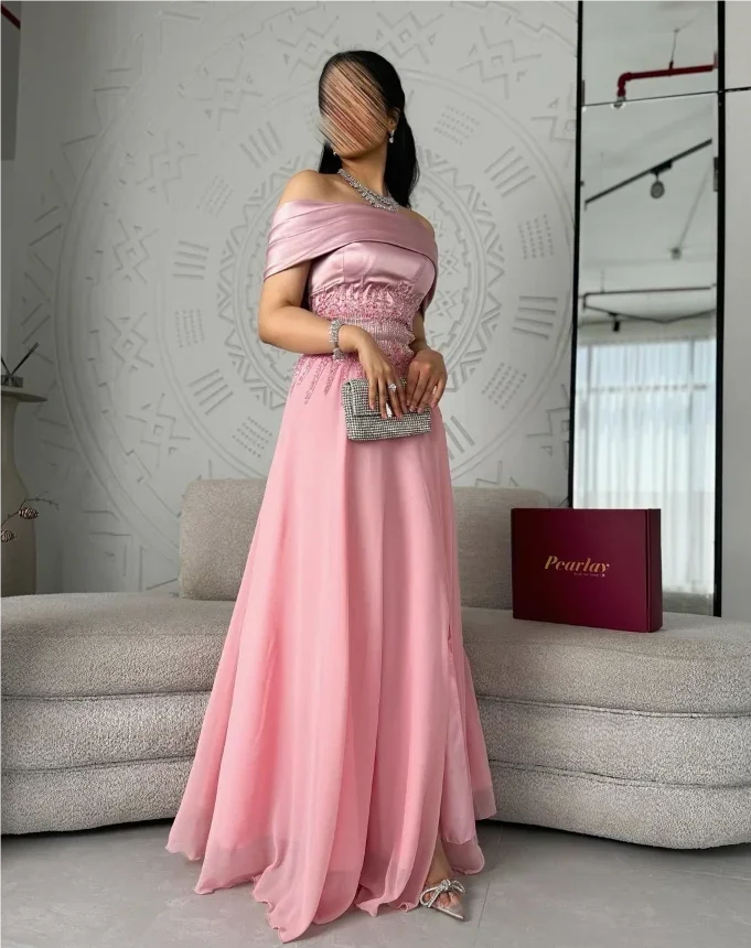 Customized Grace Wrinkle A-line Beaded Pink Vestidos Para Bodas Mujer Invitada Evening Dresses Vestidos Elegantes Para Mujer